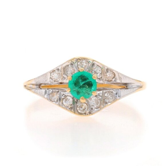Yellow Gold Emerald Diamond Ring - 18k Round .42ctw